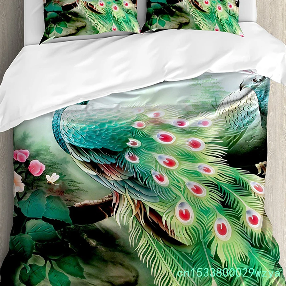 Peacock Bedding Set Comforter Duvet Cover Pillow Shams Peacock Feathers Closeup Simple Picture Mini Bedding Cover Double Bed Set