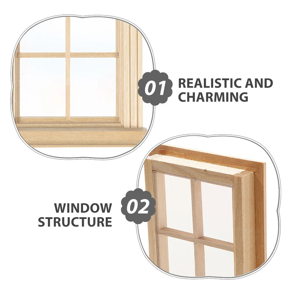 3Pcs Dollhouse Mini Furniture Decoration Wooden Window Frames 1:12 Scale Tiny Beige Models for Indoor Lighting Setup
