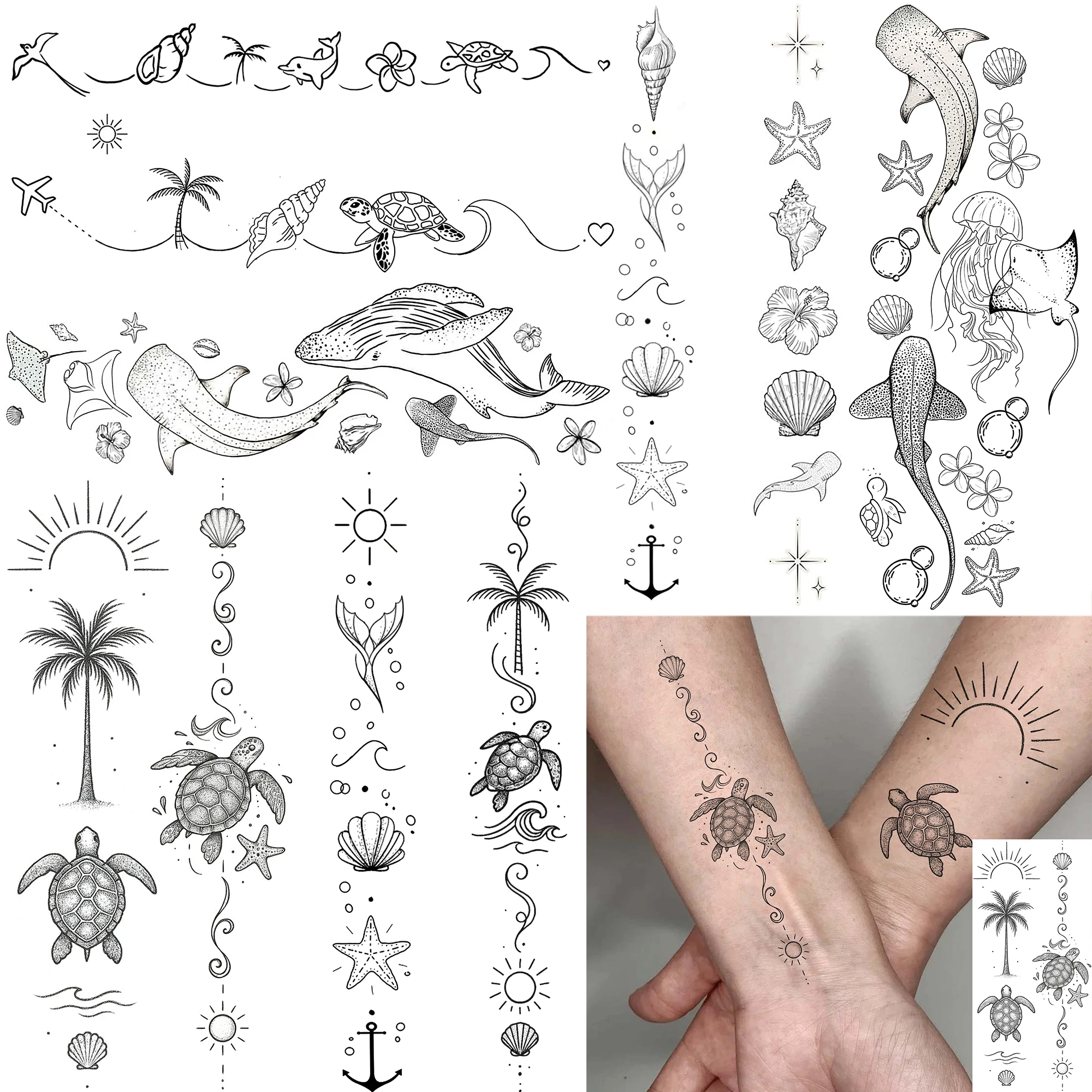 

1 Sheet Ocean Turtle Whale Manta Temporary Tattoos For Women Hand Clavicle, Temp Fake Tattoo Stickers Waterproof Realistic Tatoo