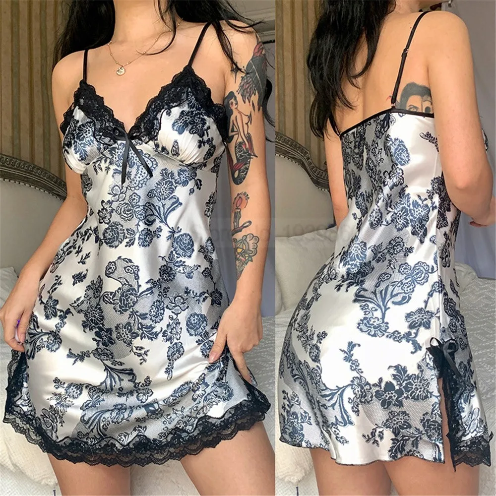 Nightgown Satin Lady Sleep Dress Lace Patchwork Lingerie Chemise Nightdress V-Neck Spaghetti Strap Sleepwear With Bow Nightwear