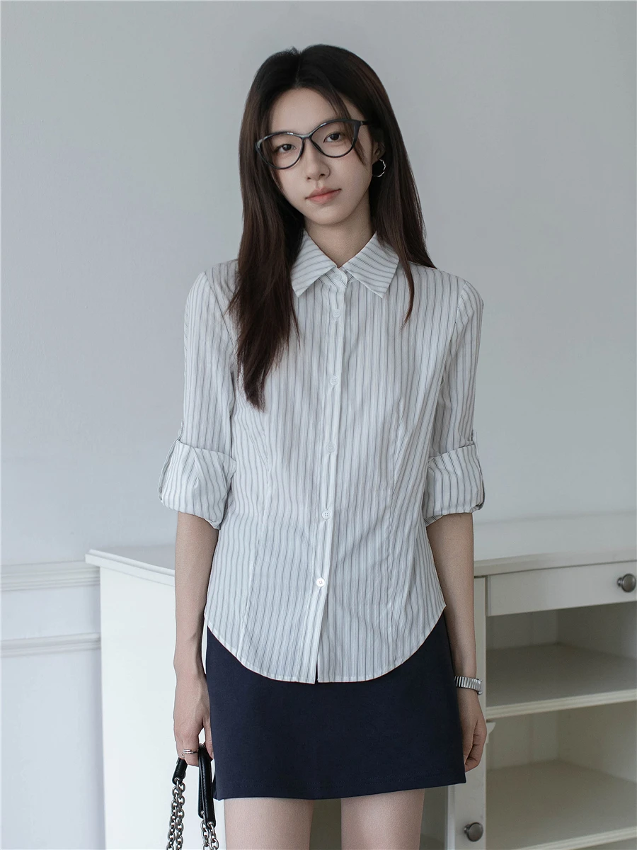 

Casual Style Long Sleeve Striped Shirt Women's Turn-down Collar Breathable Comfortable Slim Fit Spring Summer Top