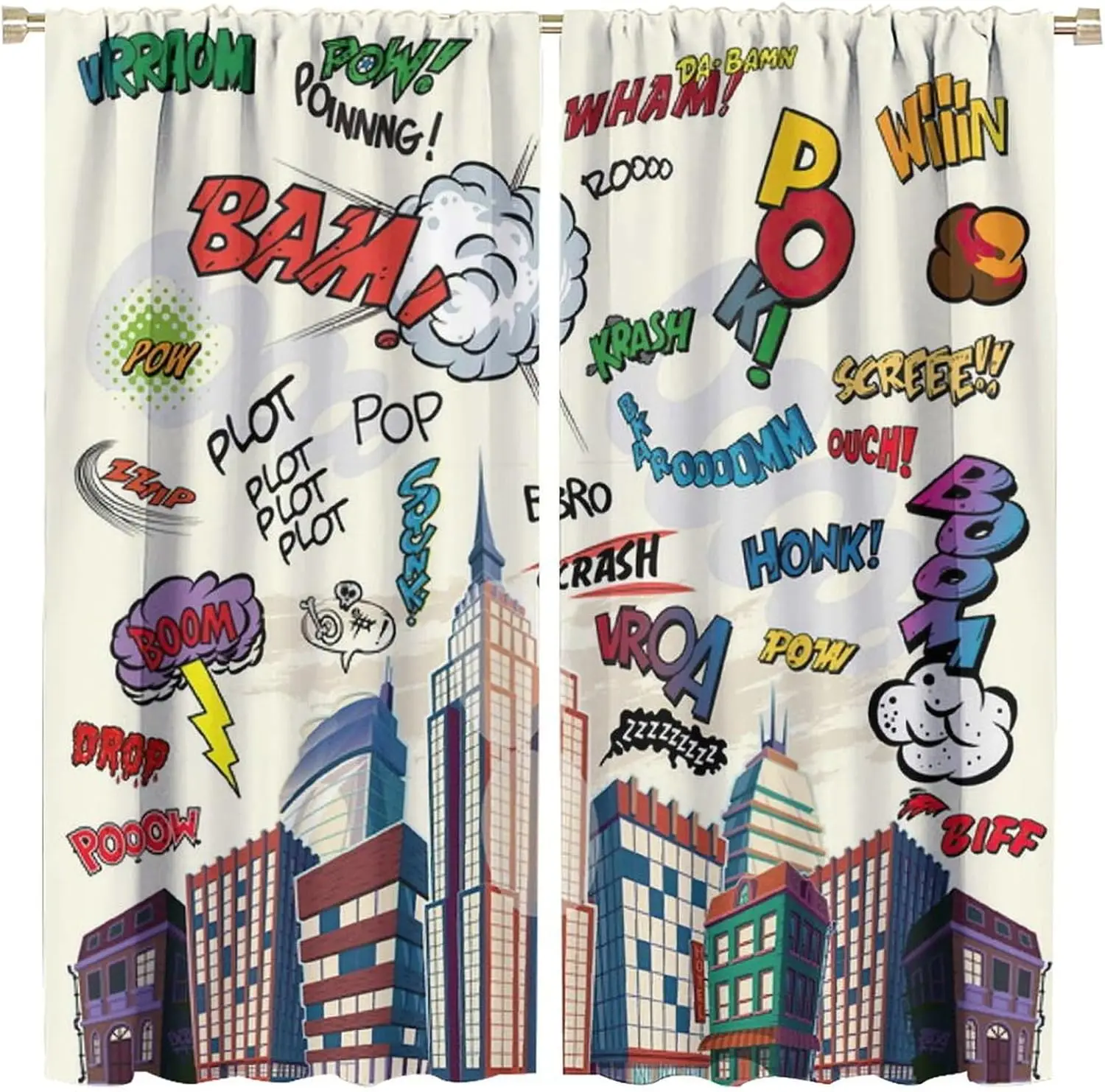 Pop Art City Onomatopoeia Curtain 2 Panels, Comic Sound Word Bubble Skyscraper Print Off White Teen Game Room Decor Curtain