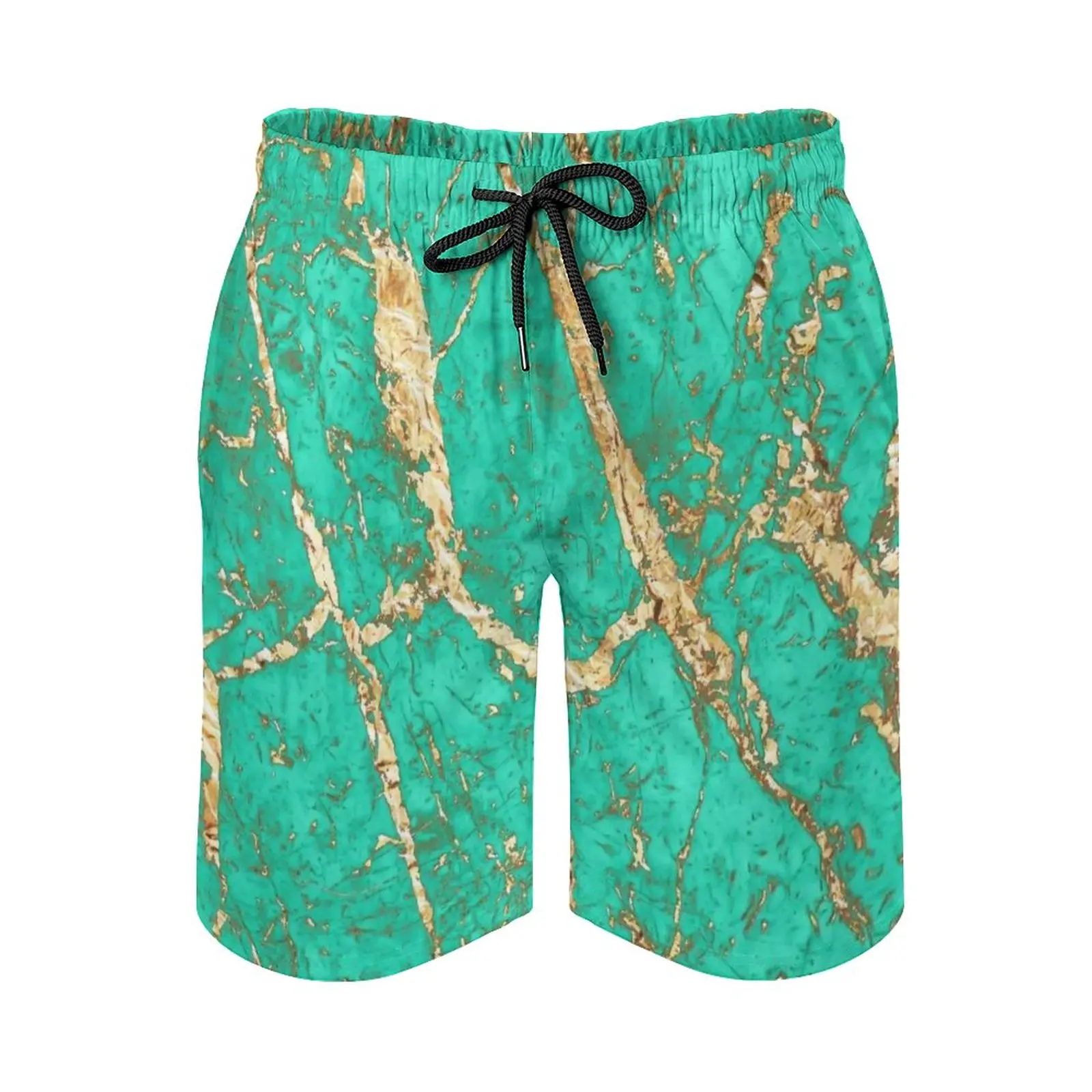 Chic Gold Turquoise Marble Pattern Men'S Beach Shorts Swim Trunks With Pockets Mesh Lining Surfing Marble Stone Turquoise Gold