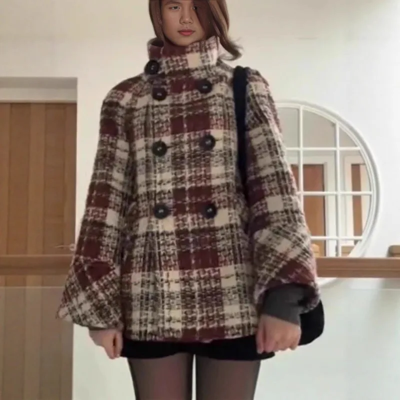 

Women's Autumn and Winter New Fashion High Street Thickened Small Fragrant Plaid Coat Casual Woolen Medium and Long Top Coat
