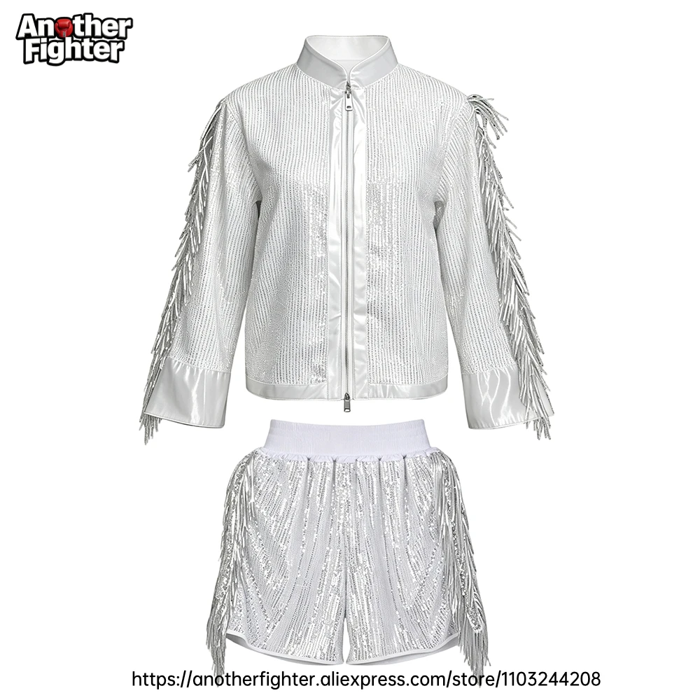 White Sequin Boxing Ring Walkout Suit Custom Name Sponsor Logo Entrance Jacket Shorts Muay Thai Kickboxing MMA Matches Uniform