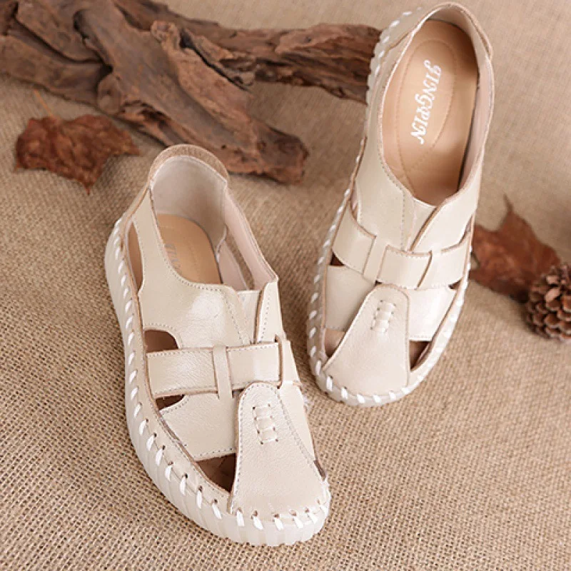 

Summer Retro Gladiator Sandals For Women Genuine Leather Slip On Flat Shoes Cosy Ladies Loafer Sandals Elderly Sandals Mom Shoes