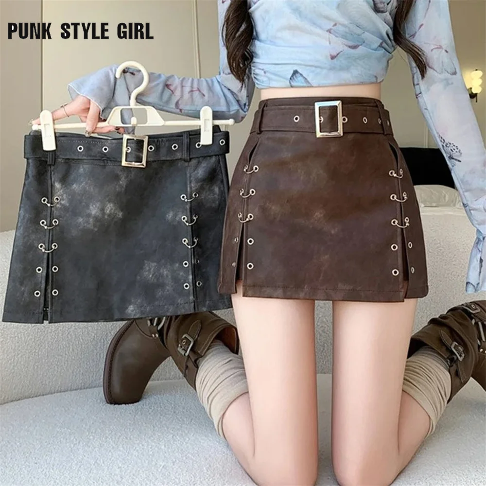 2025 Damen Kaffee A-Linie PU Lederrock Vintage Streetwear 90er Jahre Ästhetik Y2k Sommer Harajuku Koreanischer Minirock 2000er Jahre Kleidung