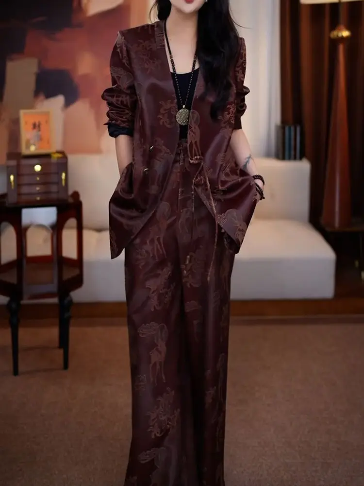 

New Chinese Style Design Sense 2025 Autumn New Light Luxury Fashion Printed Top+Wide Leg Pants Personality Two Piece Set