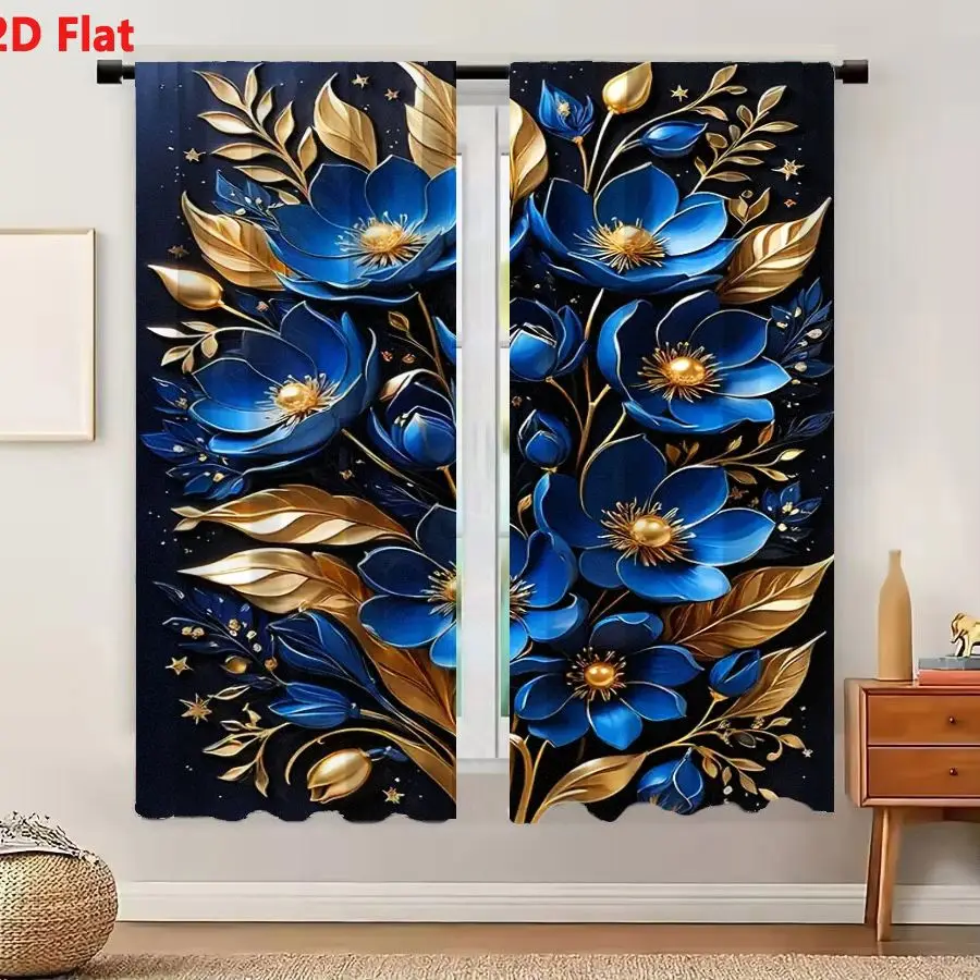 2Pcs Curtains 2D Flat Artistic Bouquet Illustration: Bright Blue Flowers With Golden Yellow Centers Metallic Leaves & Decorative