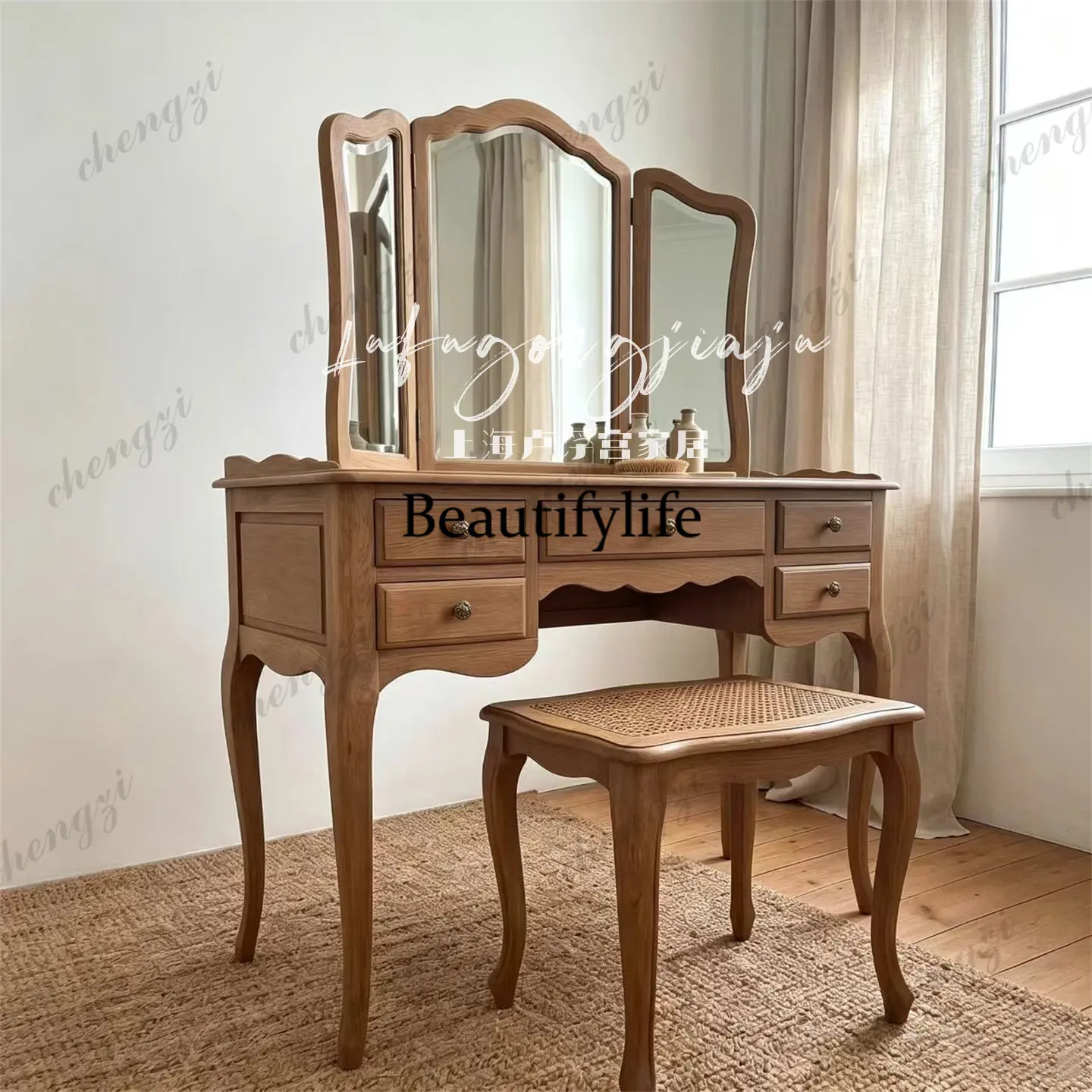 American retro dressing table bedroom dressing table solid wood three-fold makeup mirror integrated storage table