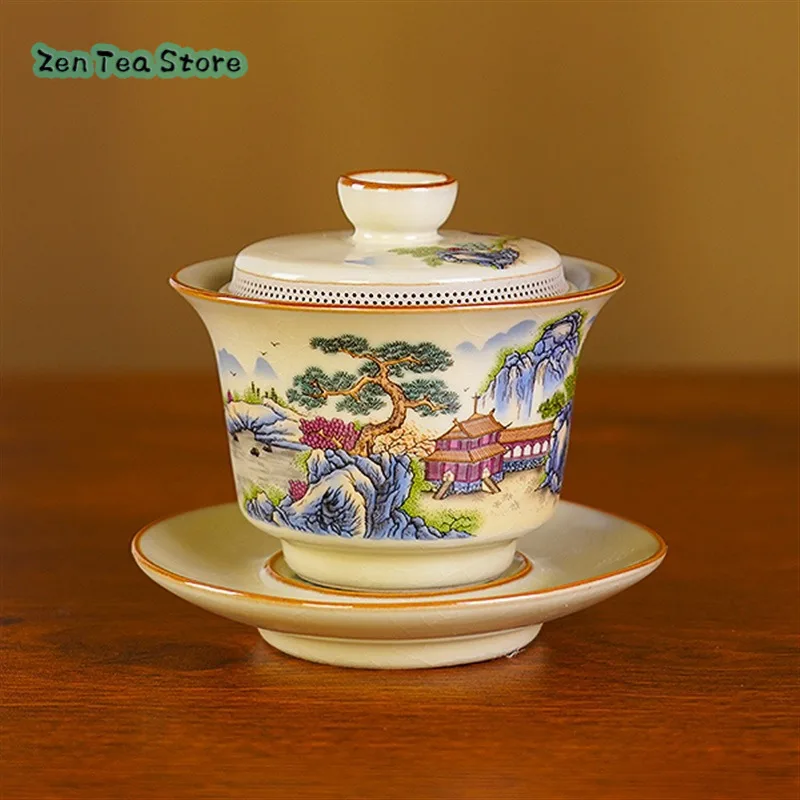 New Chinese Anti-heat Household Ceramic Kung Fu Tea Set Landscape Has Family All Porcelain Perforated Three Cover Bowl Tea Bowl