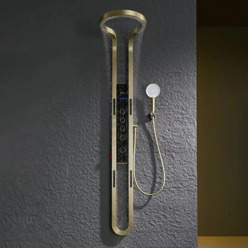 Pommeau de douche en or brossé, Diode électroluminescente, système de douche multifonctionnel, ensemble de salle de bains, panneau de douche cascade de luxe, colonne