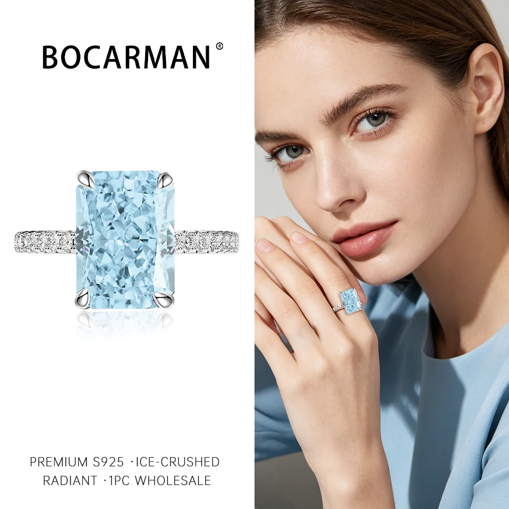 S925 Sterling Silver Rectangular Light Ice Blue Zircon High-Carbon Diamond Good Quality Ice Cut Rings for Women Fine Jewelry