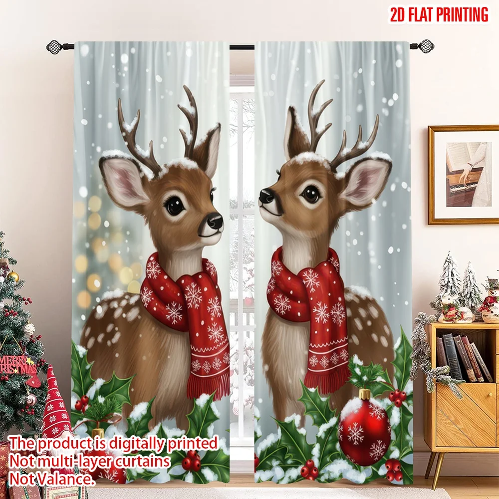

2D flat printing 2pcs Christmas Curtains Christmas Reindeer Snow Holiday Festive Digital Printed Polyester Drapes Holiday