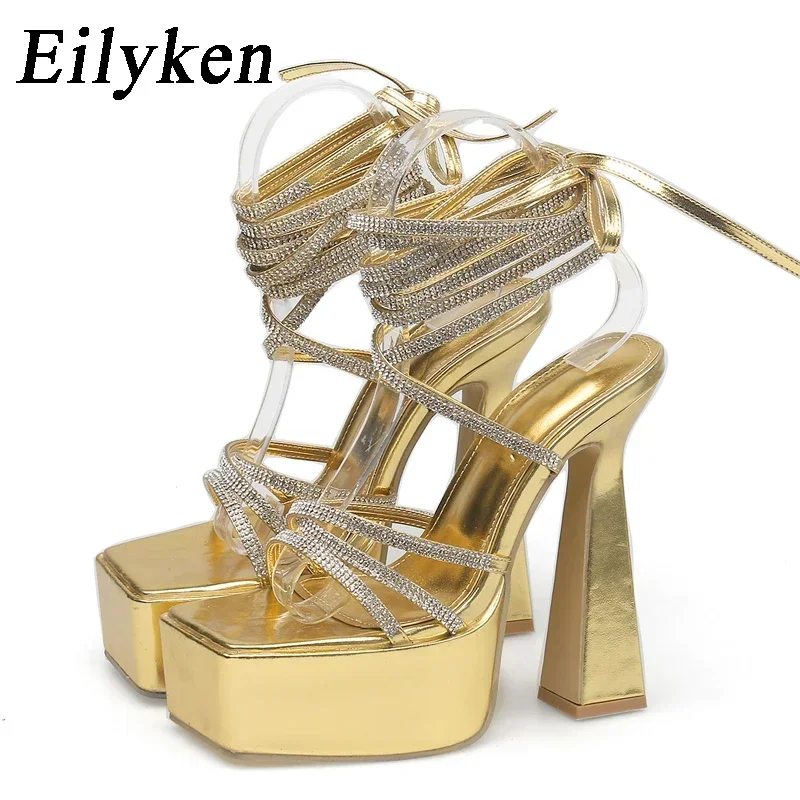 Eilyken CRYSTAL Thick Platform Wedding Party Women Sandals Sexy Catwalk Styles Square Toe Ankle Lace-up High Heels Female Shoes