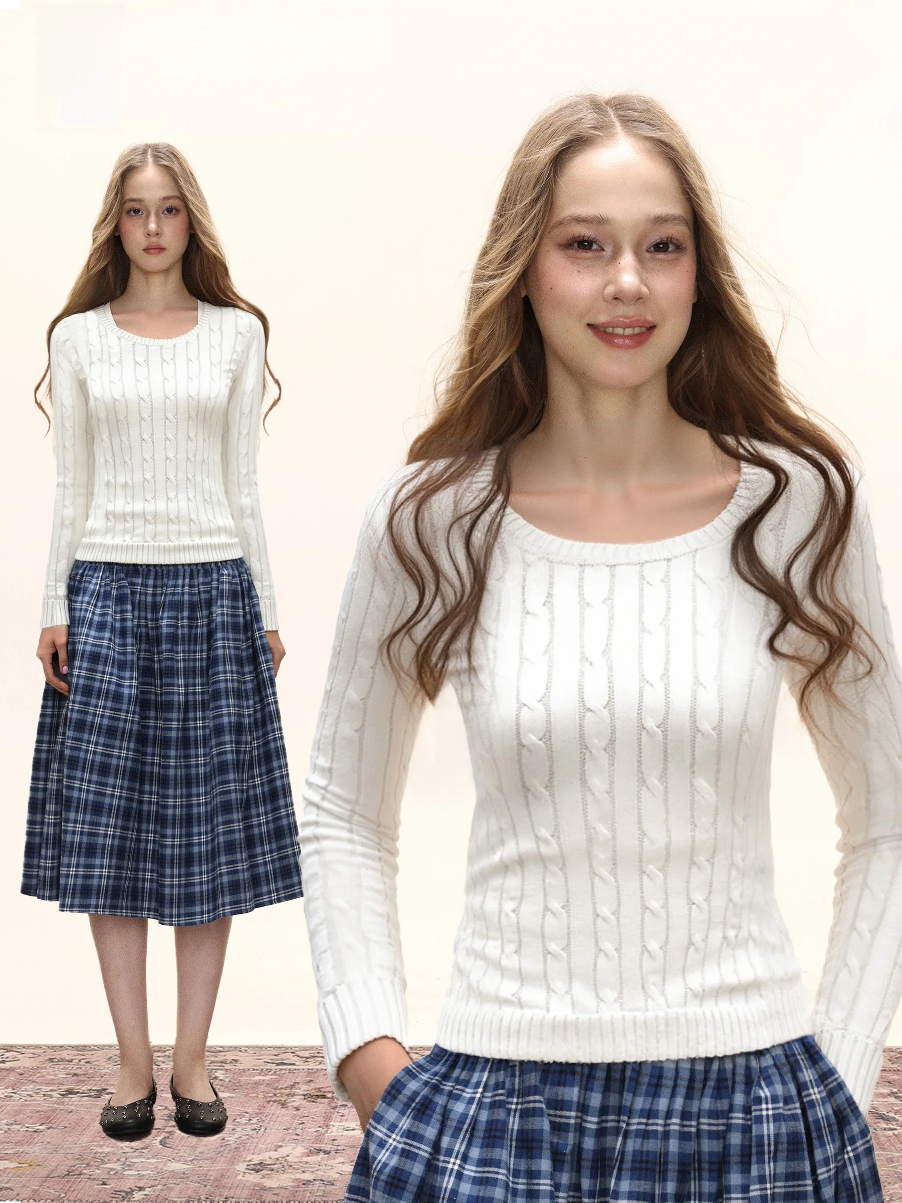 

Slimming Knitted Short round Neck Sweater Women's Loose Fit Shoulder Length Long Sleeve Soft Pure Color Autumn Fashion Design