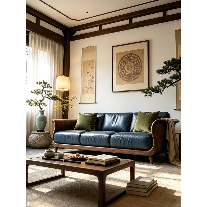 Black walnut leather modern sofa three-person tea room tenon and mortise structure