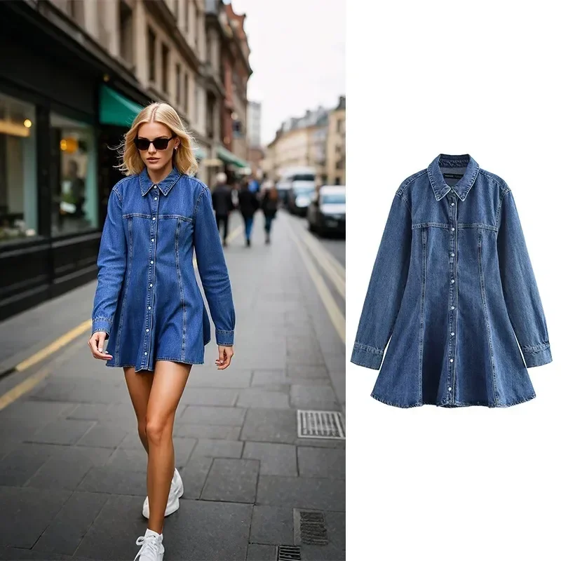 Sivatu Denim A-Line Dress Spring 2025 Long Sleeve Turn-Down Collar Slim Fit Daily Wear Casual Street Style Breathable Comfort