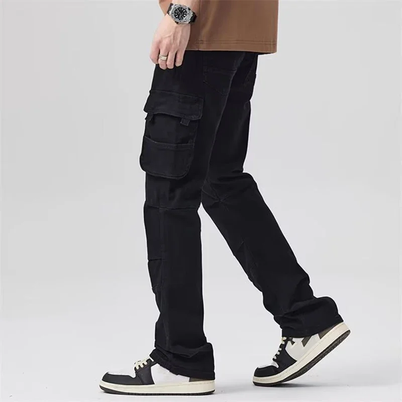 New Men Fashion Street Black Goth Jeans Male Multi Pockets Design Denim Pants Classic American Straight Leg Cargo Denim Trousers