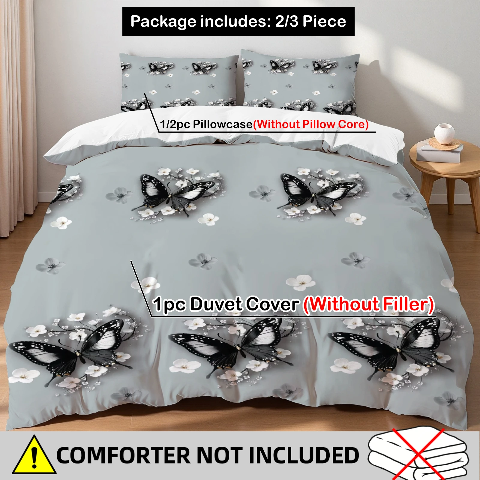 Elegant Butterfly Duvet Cover Set 3Pcs Grey Black White Bedding Set 2 Pillowcases No Filling Soft Microfiber All Sizes Home Deco