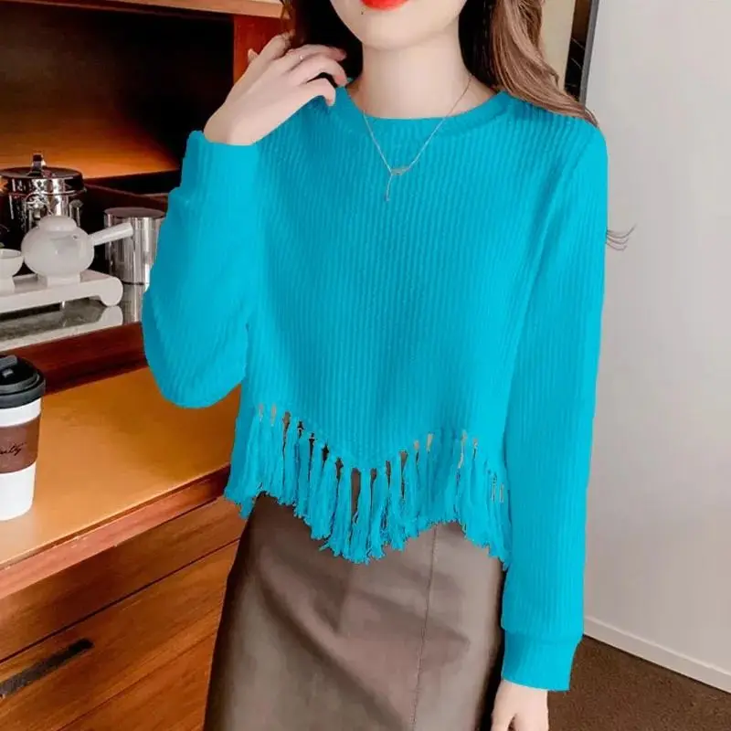 Autumn Winter Round Neck Screw Thread Solid Color Pullover Women\'s Long Sleeve Sweater Knitted Casual Fashion Elegant Tops