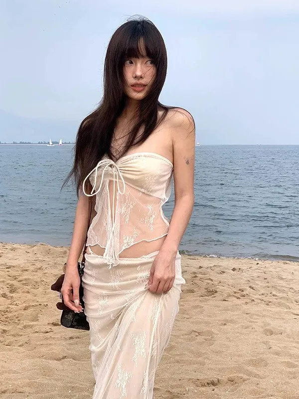 Summer Women's Clothing Sexy Lace Strapless Tankini Swimsuit Set For Woman Three Piece Bikini Sets Bathing Suit Milk Silk view 2