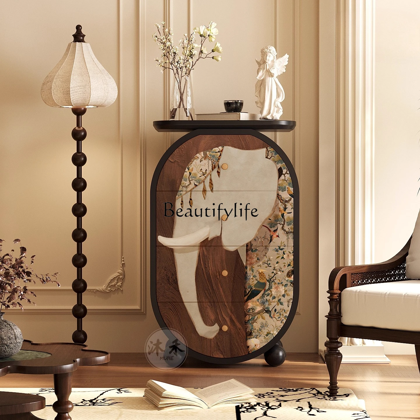 

Elephant Middle Ages Premium Sense Maillard Solid Wood Bucket Cabinet Living Room Entrance Bedside Locker