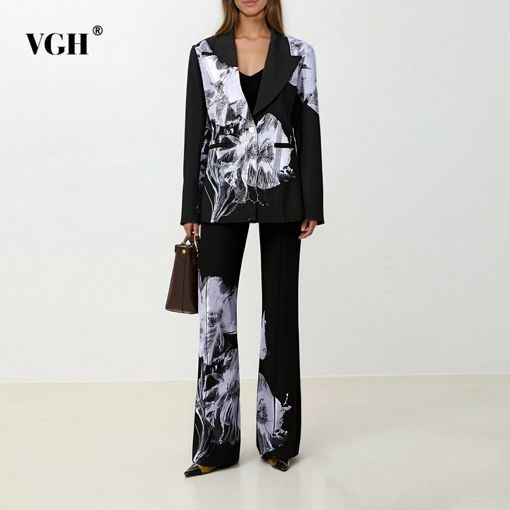

VGH Дизайнерские комплекты из двух предметов для похудения с принтом для женщин, топ с длинными рукавами и лацканами, брюки с высокой талией, вечерние шикарные комплекты, женская мода, новинка
