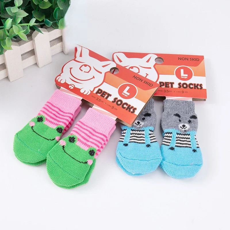 Dog Socks 4 Pack Cartoon Non-Slip Cat Puppy Shoes Print Foot Cover Pet Paw Protection for Small Dog Chihuahua Spitz Yorkie
