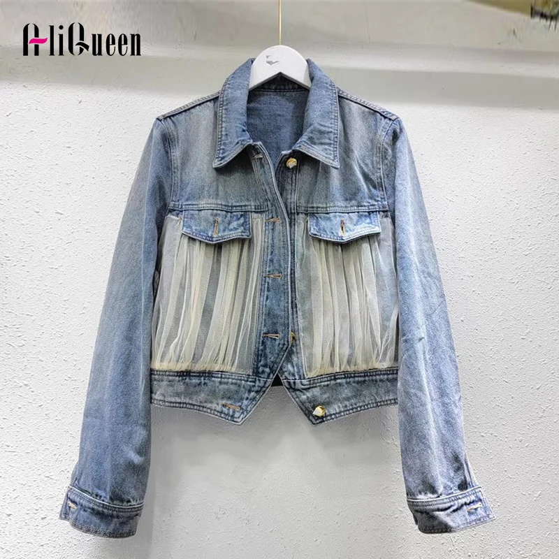 

Spring Fall Mesh Patchwork Denim Coat Women Vintage Lapel Neck Short Cowboy Streetwear Vintage Loose Bllue Jeans Jacket Outwear