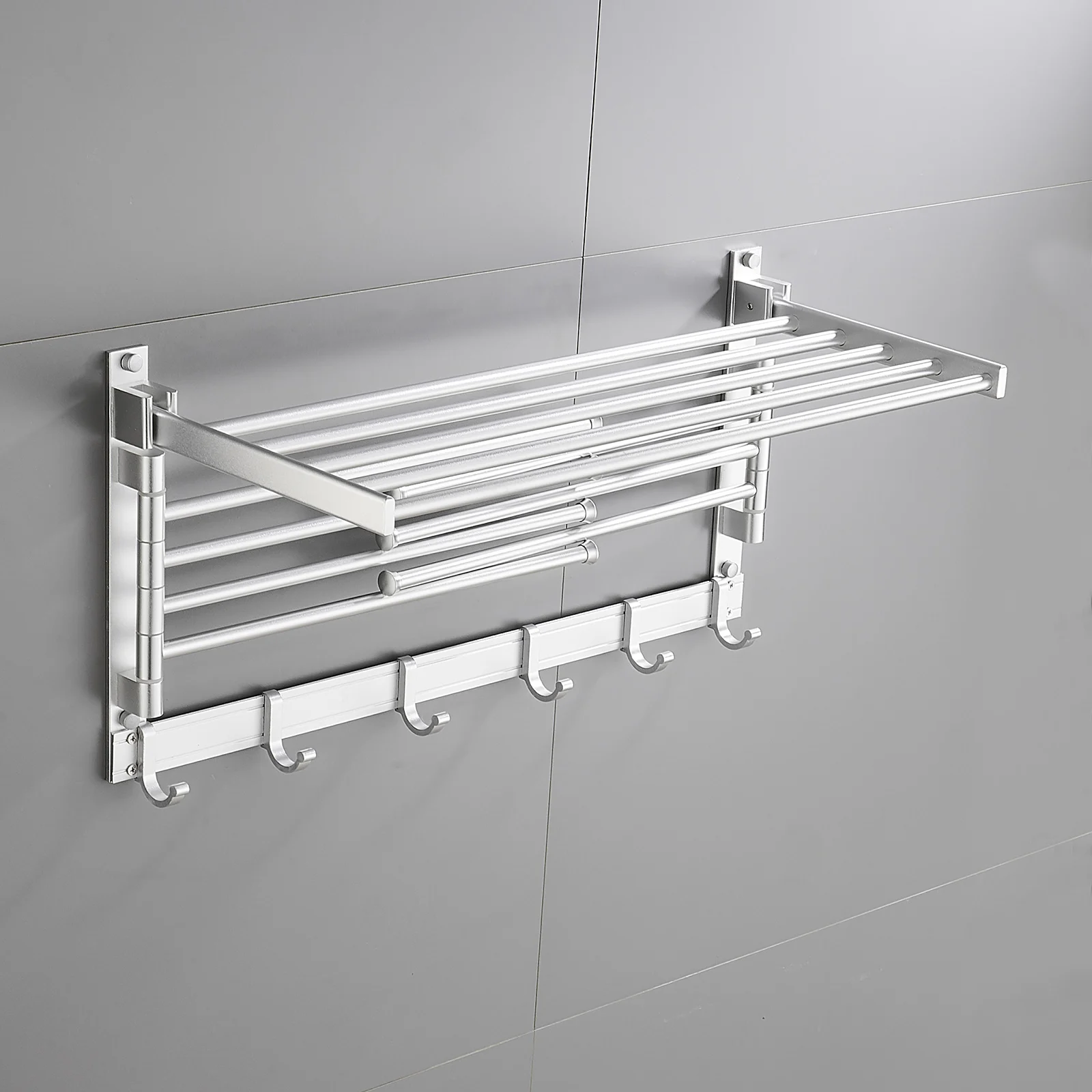 

Multifunctional Towel Bar, Space Aluminum Laundry Rack with Movable Hooks and Swing Arms, Wall-Mounted for Drying Clothes