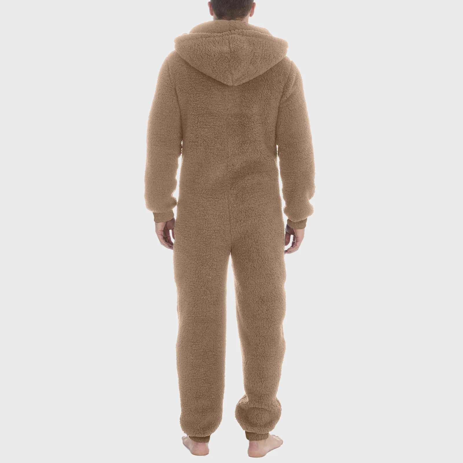 Men Artificial Wool Onesie Pajama Fall Winter Solid Color Warm Fleece Zipper Hooded Jumpsuit With Pockets Sleepwear Plush Romper