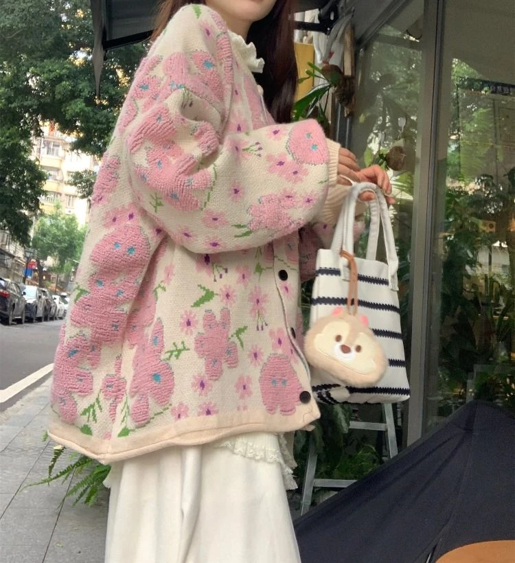 

Flower Pink Sweater Cardigan Women's Spring and Autumn Petite Loose Design Knitted Jacket