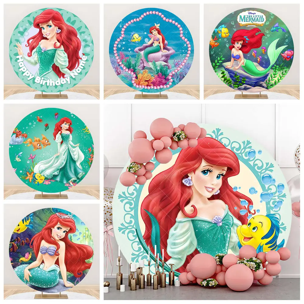 Disney Little Mermaid Ariel Cartoon Cute Girls Birthday Party Round Backdrop Custom Kid Room Photography Poster Decor Background