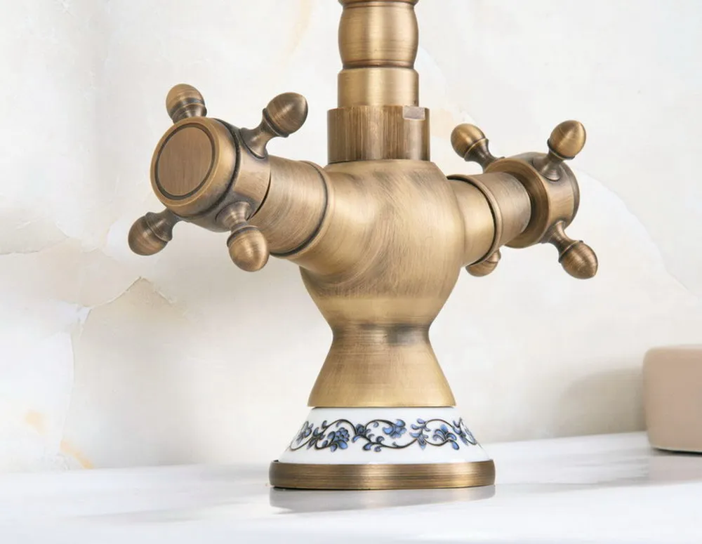 Robinets de lavabo en Bronze Antique laiton | Robinet d\'évier de salle de bains, robinet de cuisine pivotant à 360 degrés à double poignée robinets