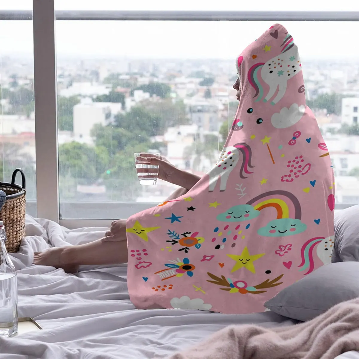 Flannel Hooded Blanket with Full-Print Cartoon Spotted Unicorn, Rainbow, Cloud, and Heart Theme, Wearable Blanket Travel