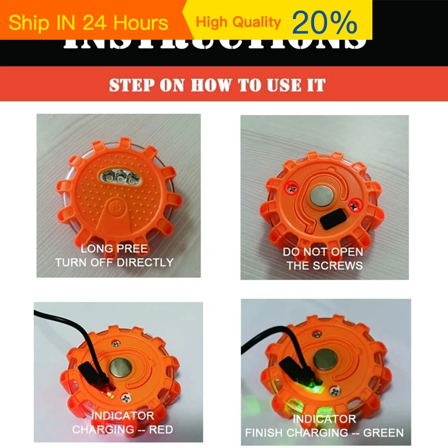 Voiture USB Rechargeable LED fusées de route lumières de secours avertissement de bord de route balise de sécurité de voiture Kit évasé de disque clignotant avec magnétique B