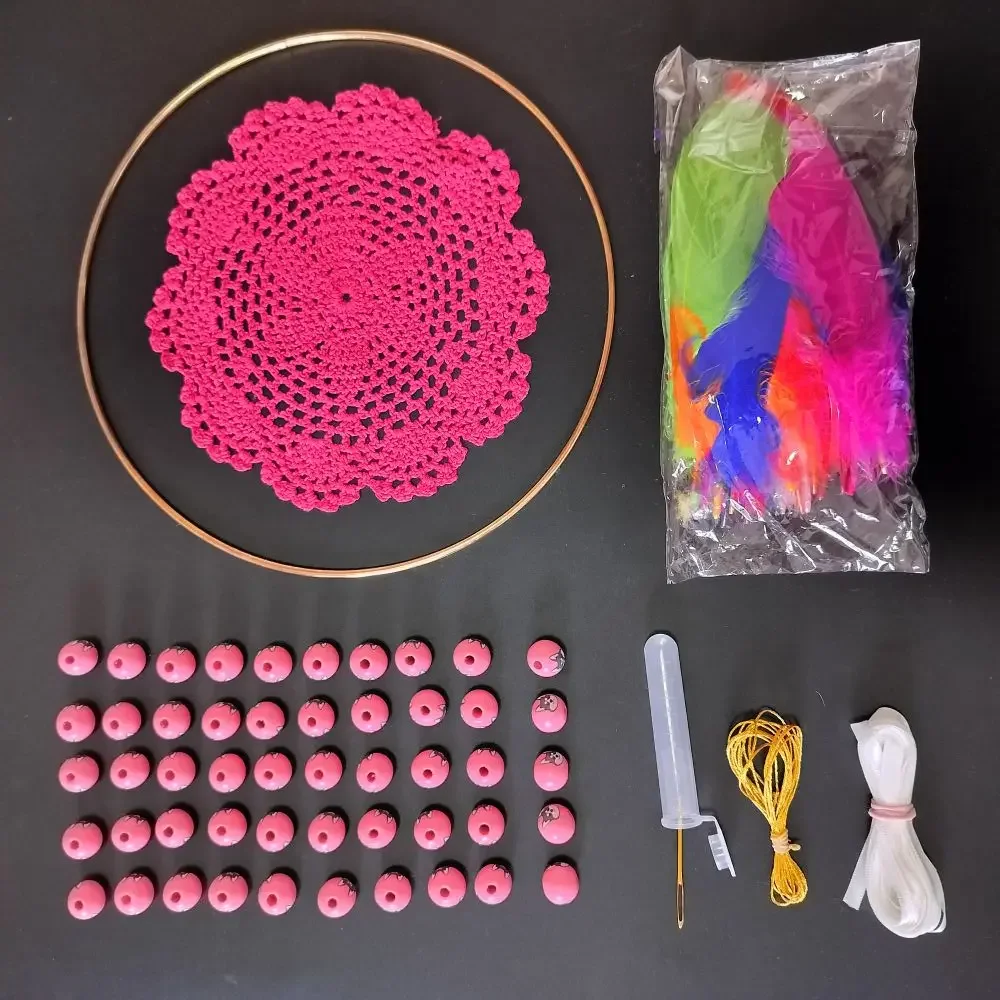 

Hand Crochet Deep Pink Doily Web Dreamcatcher Kit DIY Family Project Novice Crafters Beginners Kit To Make Dream Catcher To Hang