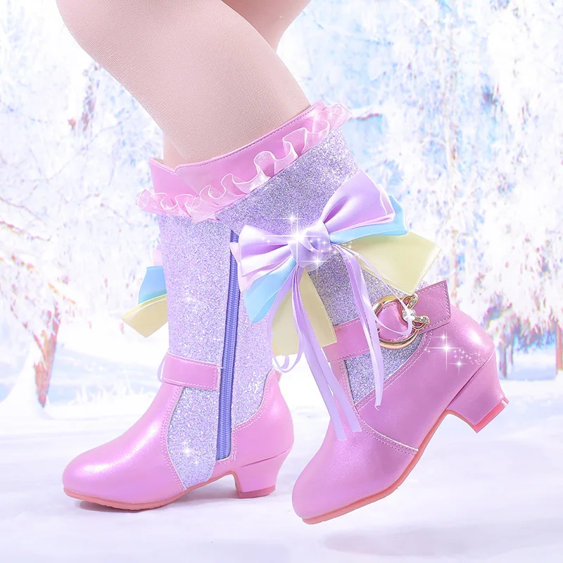 Girls Princess Shoes Winter Toddler Kids Booties Fashion Tassel Side Zipper High Heeled Plush Warm Children Snow Boots Size26-38
