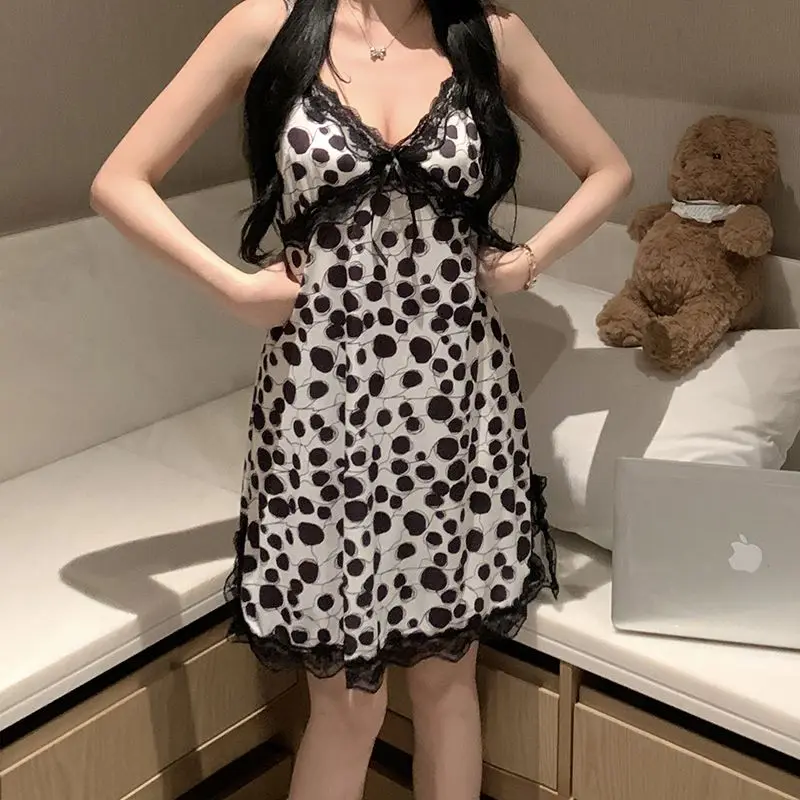 Lace Trim Leopard Nightdress V Neck Backless Side Split Slip Sleep Dress Women's Sleepwear Dresses