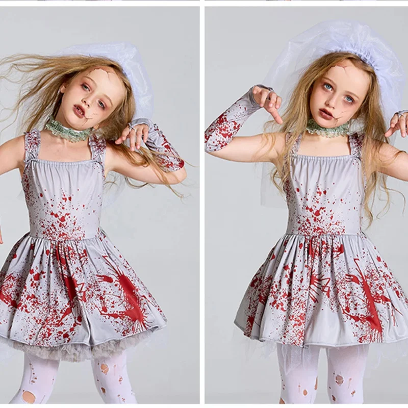 Halloween Corpse Bride Scary Girls Cosplay Costume Kids Children Bloody Walking Dead Zombie Carnival Party Role Play Dress Up UY