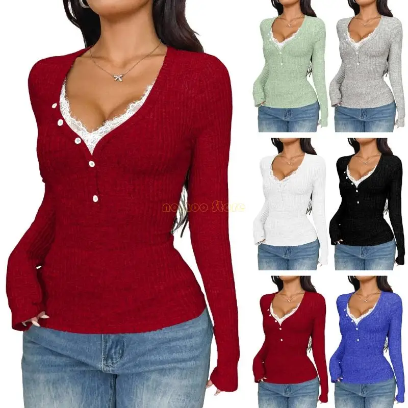 31BF Damestop met mouwen, casual kleur, fit T-shirt, kanten V-hals, geribbelde gebreide shirts