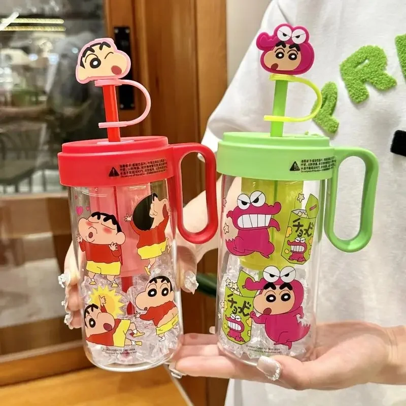 Crayon Shin Chan Boochan Cartoon Glass Straw Cup Comic Periphery Glass Cup with Hat Cute Portable A Girlfriend Birthday Girls