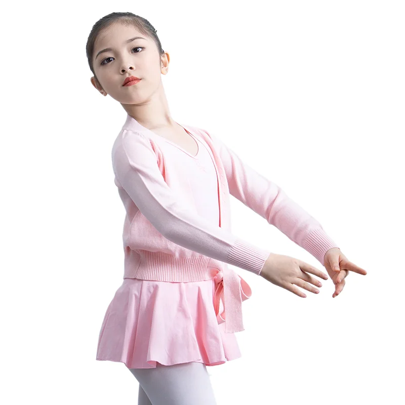 Girls\' Wrap Sweater Dance Top Thick Warm Ballerina Long Sleeve Knit Cardigan Children Dress Up Class Training Basic Wear Pink