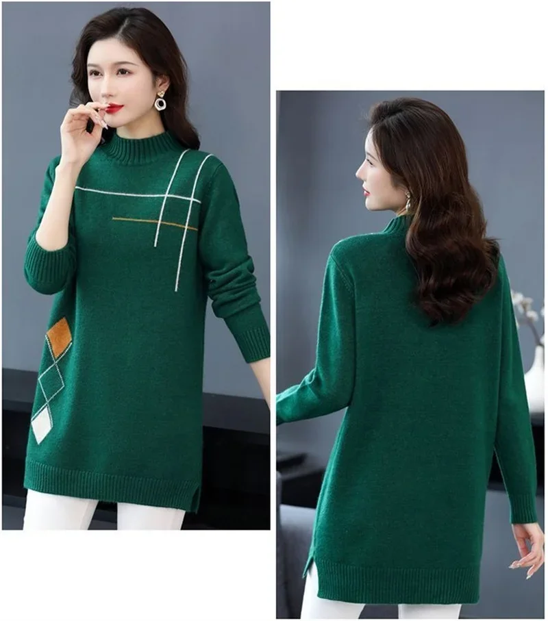 Musim gugur/musim dingin wanita Sweater Pullover Tinggi kasual serbaguna setengah kerah tinggi pertengahan panjang gaun rajut bawah kemeja wanita B601