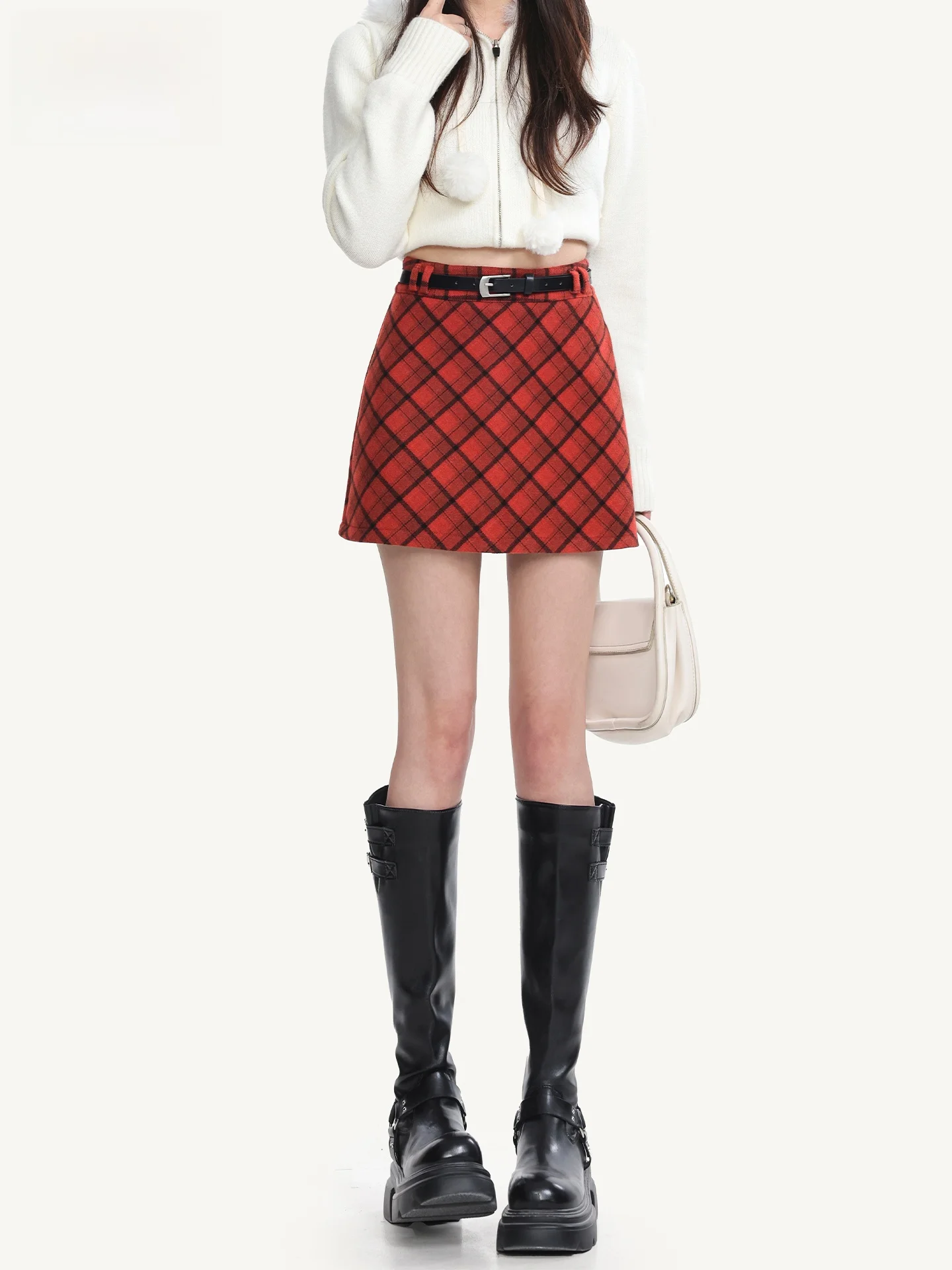 

Красная твидовая юбка в клетку с завышенной талией, женская, новая коллекция 2026 года, летняя, утягивающая, маленького размера, с защитой от просвечивания, А-силуэт, короткая, повседневный стиль