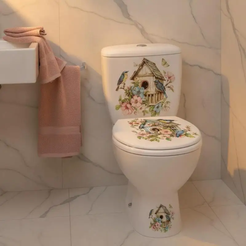 Cartoon Branch Bird Wall Sticker Set Bathroom Toilet Seat Tank Living Room Home Decor