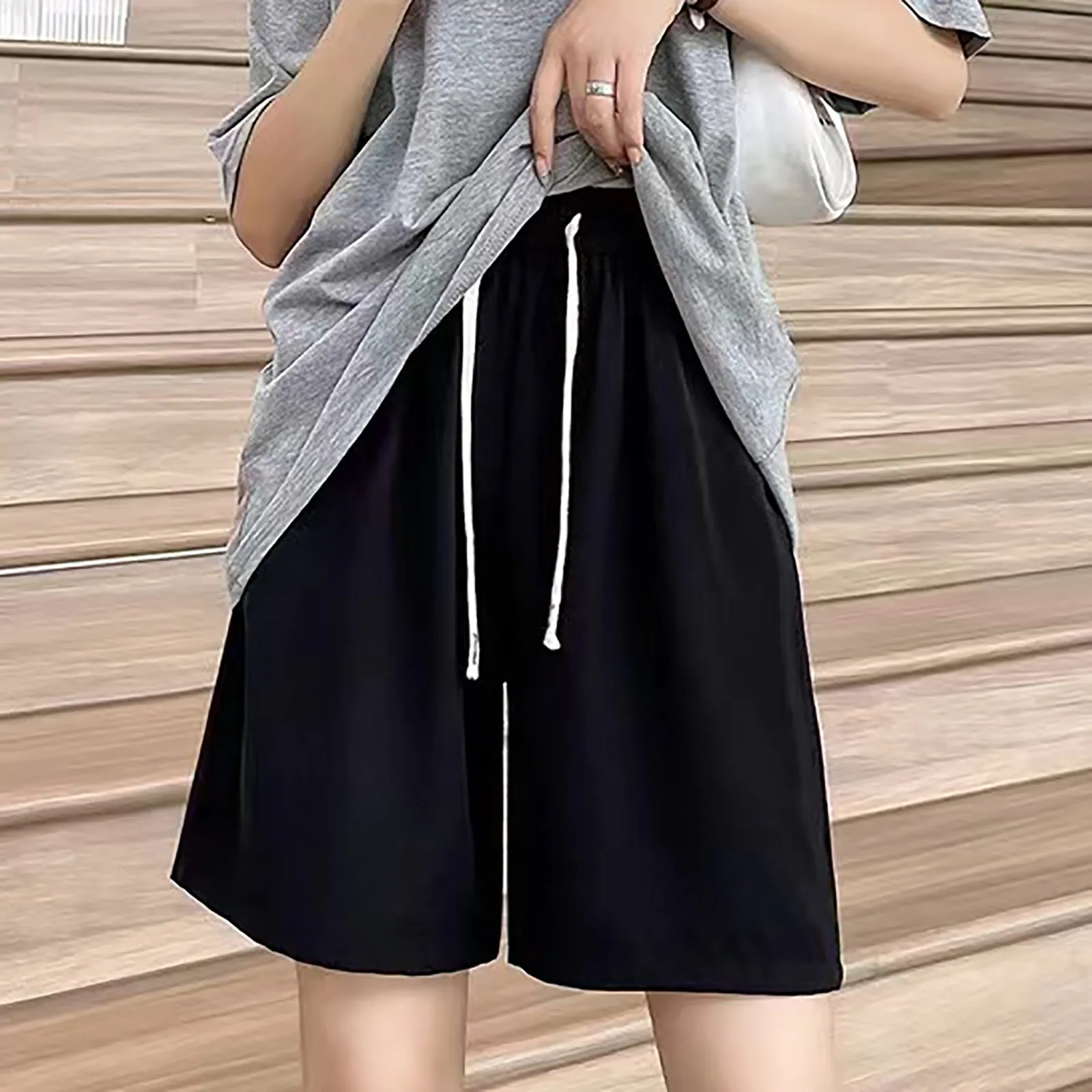 

Women Summer Loose Fit Shorts Drawstring Wide Leg Five-Pointed Pants Casual Joggers Solid Color Streetwear Shorts