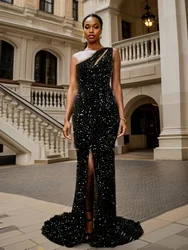 One Shoulder Sleeveless Cocktail Prom Dress Hollow Out Slit Luxury Shiny Sequined Elegant Celebrity Wedding Party Long Gown 2024