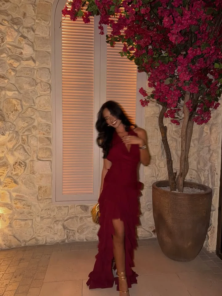 

Arabian Night Luxurious Front Silt Claret Women's Evening Party Dresses Ruffle Halter Prom Gowns abendkleider hochzeit